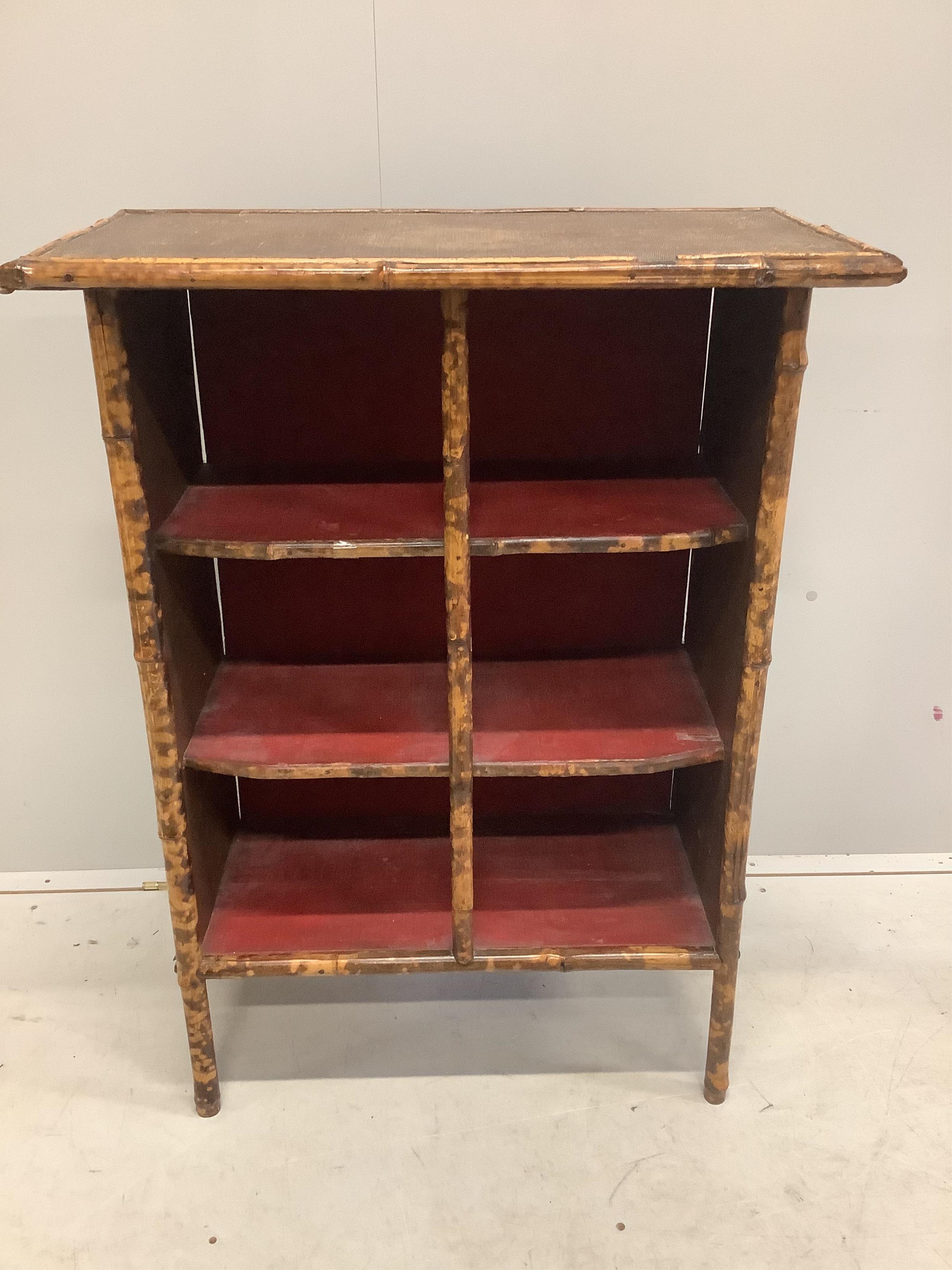 A late Victorian bamboo side cabinet, width 74cm, depth 37cm, height 99cm. Condition - poor to fair